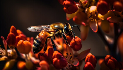 Poster - Busy honey bee pollinating single flower blossom generated by AI