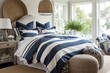 A beachy Nautical Bedroom with a natural sisal rug, rope-wrapped lamps, and a bold stripe duvet cover for a laid-back coastal vibe, generative ai