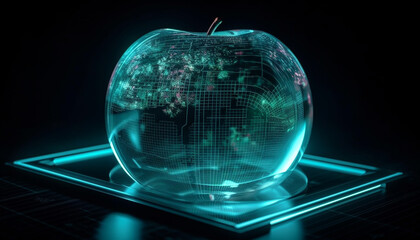 Poster - Global business network, glowing sphere illuminates data generated by AI