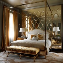 An Elegant Hollywood Regency Bedroom With A Mirrored Quatrefoil Bed And Metallic Gold Drapes, Generative Ai