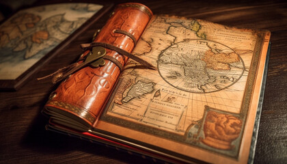 Sticker - Antique book on table, world map open generated by AI