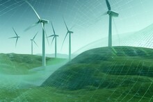 Wind Turbines On Green Hilltop, Generative AI