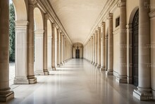 Large Symmetrical Exterior Corridor With Arches And Columns In The Old Royal Palace Of Aranjuez. Generative AI