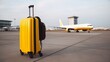 Traveler yellow suitcase at the airport before departure, world tourism day concept, Generative AI
