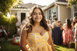 © Trinette Reed - Portrait of Hispanic teen girl at her quinceanera party in backyard.