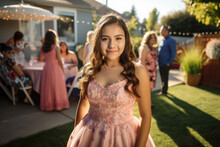 Portrait Of Hispanic Teen Girl At Her Quinceanera Party In Backyard.