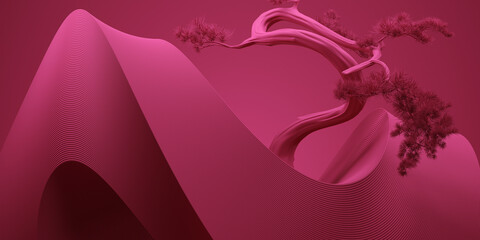 Wall Mural - 3d abstract podium and bonsai tree with viva magenta color background concept for product presentati