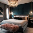 A modern glam bedroom with a velvet accent wall, a faux fur throw blanket, and a minimalist chandelier, generative ai