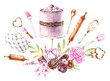 Watercolor group of desserts, bakery tools, flowers on a white background