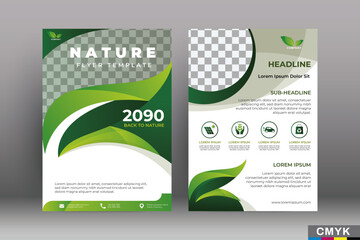 Wall Mural - Editable Green Flyer templates. Nature green leaf, environment design. Size A4 CMYK Vector illustration