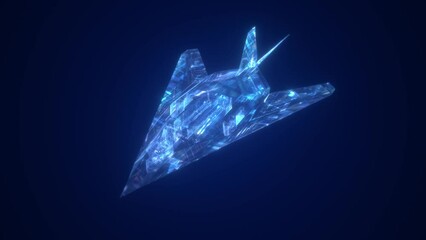 Wall Mural - Blue digital technology stealth fighter, fighter model demonstration animation. Fighter internal structure display, holographic projection of military weapons.