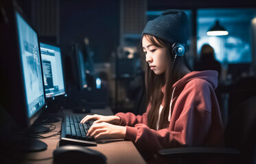 a young Asian woman sitting in front of a computer as she works on programming and development projects in the dark room. generative AI