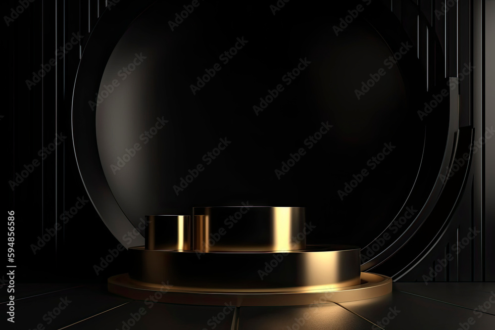 abstract black gold background with empty stage and folded fans ...