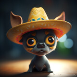 Fototapeta  - A small animal with yellow eyes and a sombrero on its head.