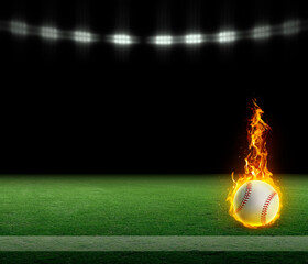 Wall Mural - Fire Baseball ball. on a grass field with stripe and black background under lights