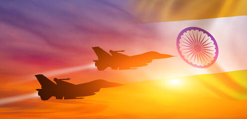 Group of aircraft fighter jet airplane. India flag. Air force day. 3d illustration