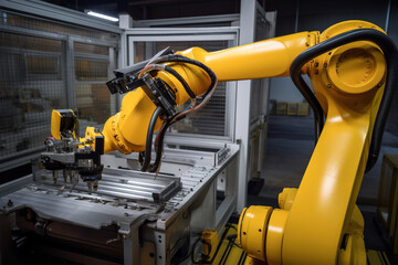 Poster - robotic arm working on assembly line in factory, industry 4.0 concept. Generative AI