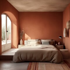 Wall Mural - A minimalist Mediterranean Bedroom with neutral terracotta walls and simple, streamlined decor, generative ai