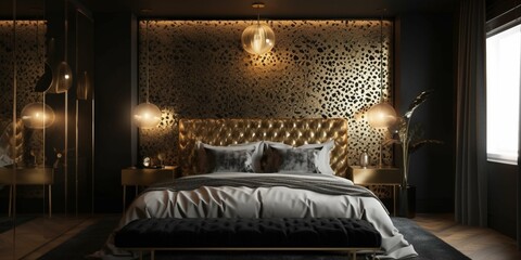 Wall Mural - A bold Art Deco Bedroom with gilded animal print walls and metallic accents catch the light, making it a decadent retreat, generative ai