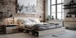 A contemporary bedroom with a platform bedframe that features built-in wooden storage drawers and a whitewashed brick wall backdrop, generative ai