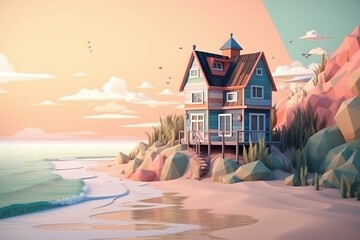 Pastel little, hidden house on the seashore. A nice sunny summer day on vacation, on the sand by the sea. Illustration, Generative AI