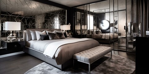 Wall Mural - A contemporary Hollywood Regency bedroom with mirrored furniture, geometric metallic wallpaper, and a striking abstract art piece, generative ai