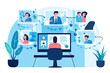 people connecting together, learning or meeting online with teleconference, video conference remote working
