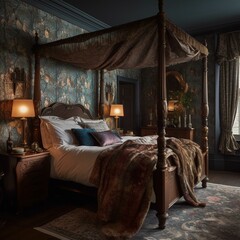 Wall Mural - A richly textured Bedroom featuring heavily patterned wallpaper with a traditional four-poster bed, draped in luxurious fabrics and topped with ornate candelabras, generative ai