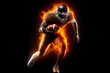 © surassawadee - Silhouette of American football player, player in action on fire. Isolated on black background
