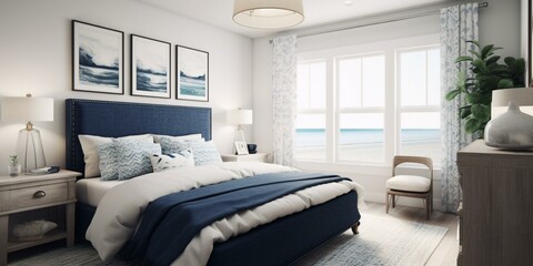 Wall Mural - A coastal Nautical Bedroom showcasing a navy blue upholstered bed, whitewashed nightstands, a starfish print rug, and a seaglass pendant light, generative ai