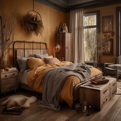 Wall Mural - A rustic bedroom with an earthy feel, using natural materials and textures with rustic wood furniture, a neutral palette, and metalwork accents in ochre tones, generative ai