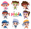 Vector illustration of Cartoon Cute Ninja character set. Kids costume ninja