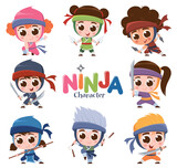 Fototapeta Dinusie - Vector illustration of Cartoon Cute Ninja character set. Kids costume ninja