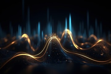 Abstract background with dark blue gold glowing curve and bokeh lights. Generative AI.
