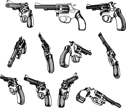 Revolver gun silhouette set, Pistol 3d model illustration rendered from every angle, gun vector view from different sides