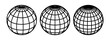 Globe grid spheres. Striped 3D spheres, geometry globe grid, earth latitude and longitude line grid vector symbol set. Spherical grid globe shapes. Illustration globe striped, global geography surface