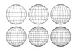 © loenlhe - Globe grid spheres. Striped 3D spheres, geometry globe grid, earth latitude and longitude line grid vector symbol set. Spherical grid globe shapes. Illustration globe striped, global geography surface