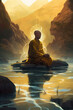 Enlightened Monk in Meditation with Energy Chi Flowing, Beautiful Serene Natural Setting with Reflection in Water Illustration in Vivid Colors, ai.