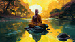 Enlightened Zen Meditation Monk in Lotus Position in Beautiful Serene Natural Setting During Sunrise with Trees and Reflection in Water Illustration in Vivid Colors, ai.