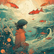 Woman With Hat and Koi Gold Fish, Ocean Water Tsunami Waves and Sun, Illustration, ai.