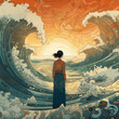 Woman in Ocean Tsunami Water Waves with Sunset Sunrise, Illustration, ai.