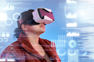 Aufkleber - Metaverse, woman or virtual reality glasses with overlay for digital transformation, charts or graphs online. Girl with cool vr headset in holographic cyber 3d technology for big data or future news