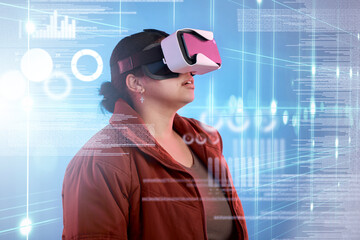 Leinwandbilder - Metaverse, girl or virtual reality glasses with overlay for digital transformation, charts or graphs online. Woman with cool vr headset in holographic cyber 3d technology for big data or future news