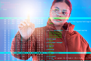 Fototapete - Double exposure, code or woman hacker coding, phishing or typing on cybersecurity database online. Big data programmer, light or girl hacking for digital transformation on ai cloud computing website