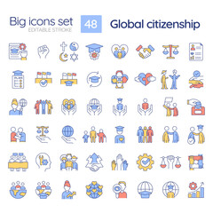 Wall Mural - Global citizenship RGB color icons set. Social changes. World citizen. Sustainable development. Isolated vector illustrations. Simple filled line drawings collection. Editable stroke