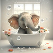 Cute baby elephant in porcelain bathtub in front of window with flowers and bubbles floating around, ai. 