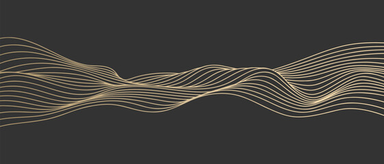 Poster - Vector abstract line art wavy smooth flowing dynamic gold gradient isolated black background in concept luxury, wave, ocean