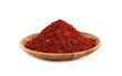 red chili pepper flake or ground powder coarse in wood bowl isolated on white background Gochugaru. the pile of red chili pepper flake or ground powder coarse isolated.red chili pepper flake or ground