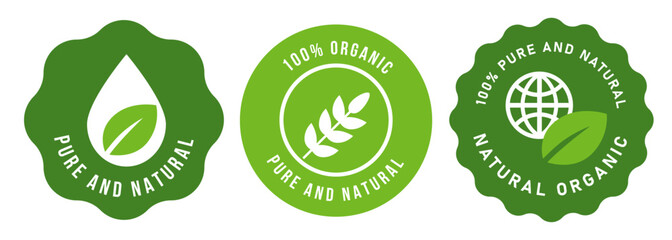 pure and natural 100 percent organic emblem badge icon set collection green leaf and droplet symbol