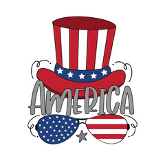 Wall Mural - America - typography with uncle sam hat and sunglasses. American national holidays decoration.  Happy Indepencence Day!